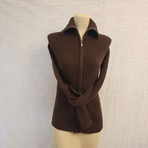 Evie W Large Brown Cotton Mix Ribbed Knit Zipper Turtle neck cardigan A406